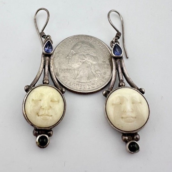Vintage SAJEN Sterling Silver and Carved Moon Face Dangle Earrings - Picture 2 of 4